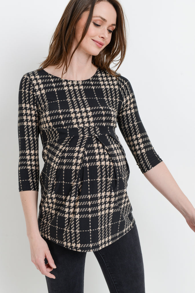 Black/Taupe Plaid Front Pleated Maternity Top