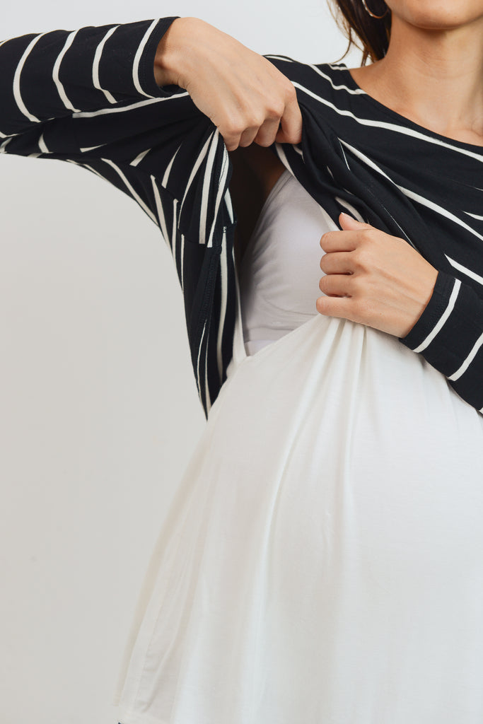 Black/Ivory Stripe Long Sleeve Double Layer Nursing/Maternity Top
