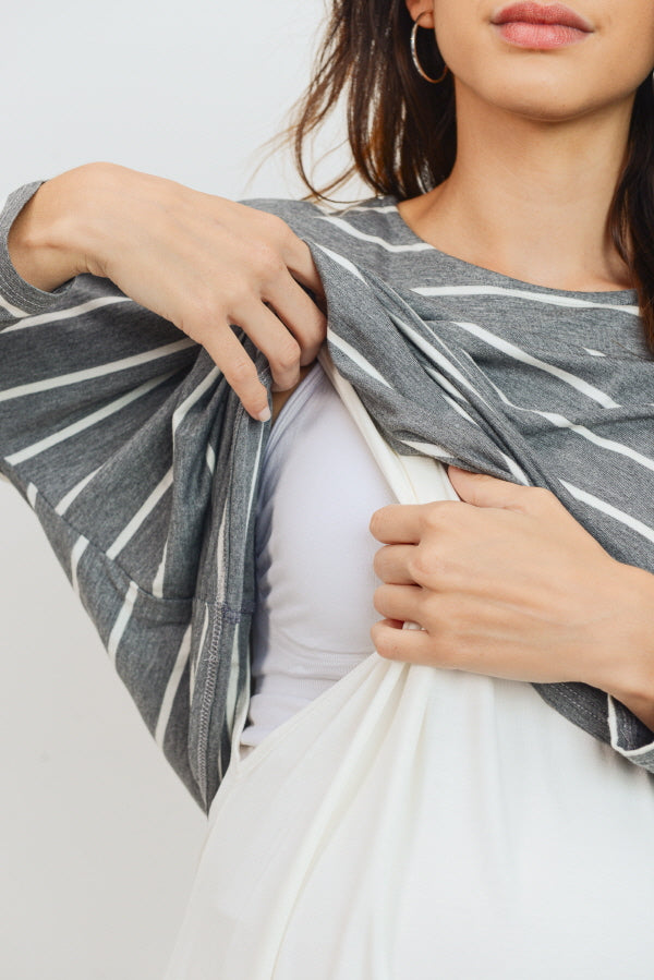 Grey/Ivory Stripe Long Sleeve Double Layer Nursing/Maternity Top