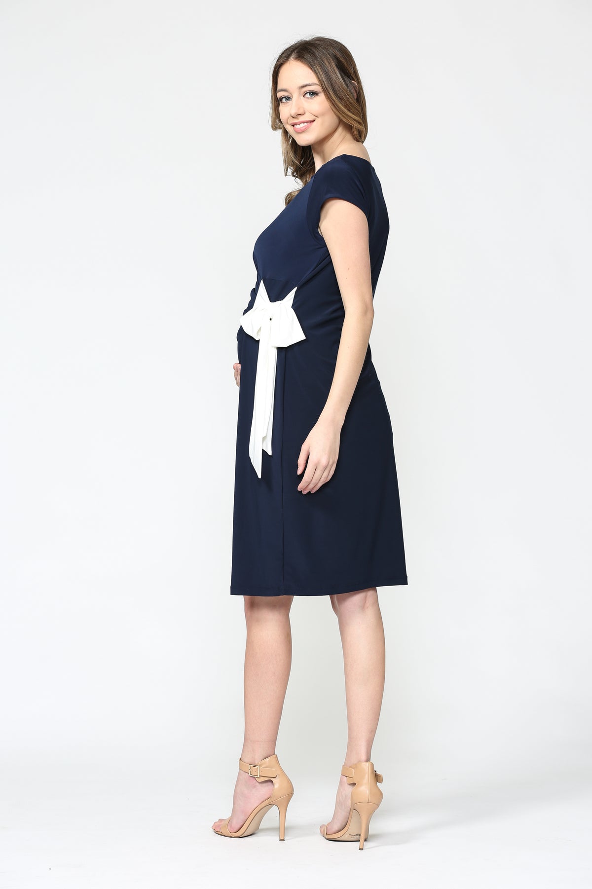 Navy Boat Neck Side Tie Maternity Dress