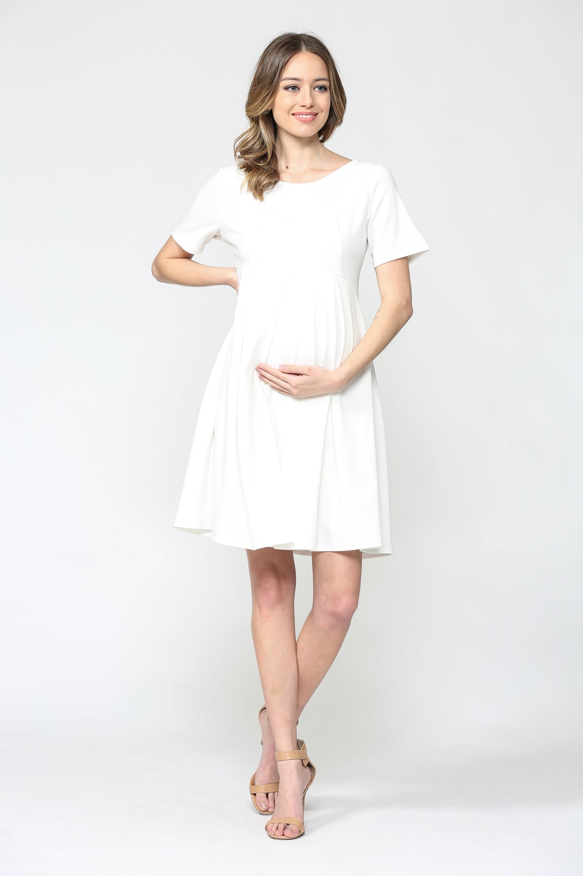 Ivory Front Pleat Round Neck Maternity Swing Dress