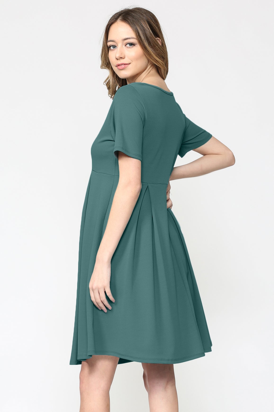 Turquoise Pleat Round Neck Maternity Swing Dress