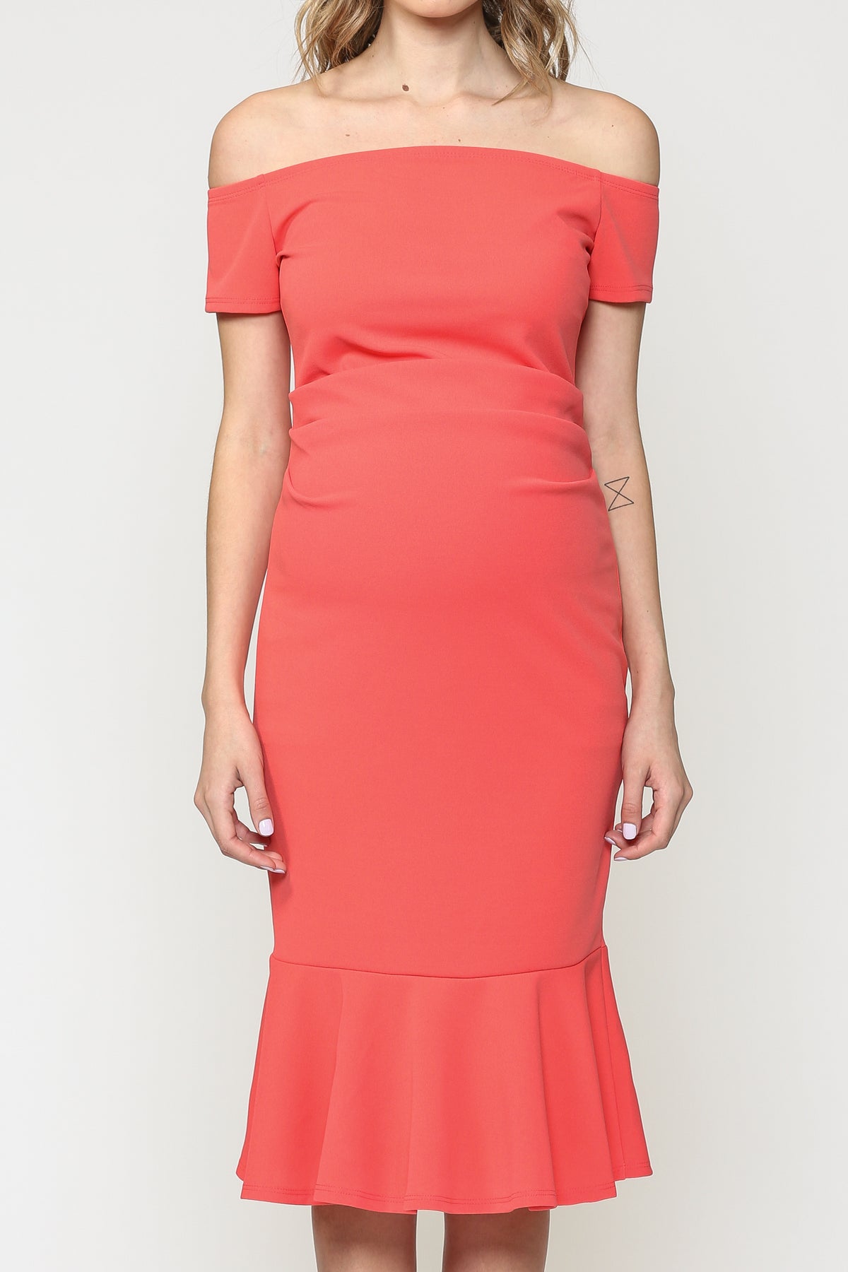 Solid Off Shoulder Maternity Bodycon Dress with Mermaid Hem in Coral