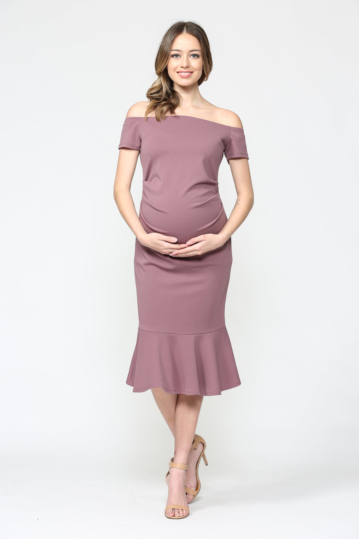 Solid Off Shoulder Maternity Bodycon Dress with Mermaid Hem in Mauve