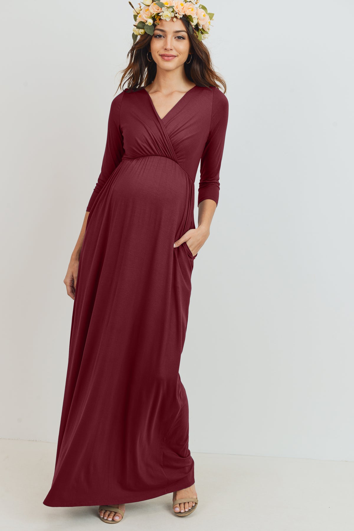 Burgundy 3/4 Sleeve Surplice Maternity/Nursing Maxi Dress