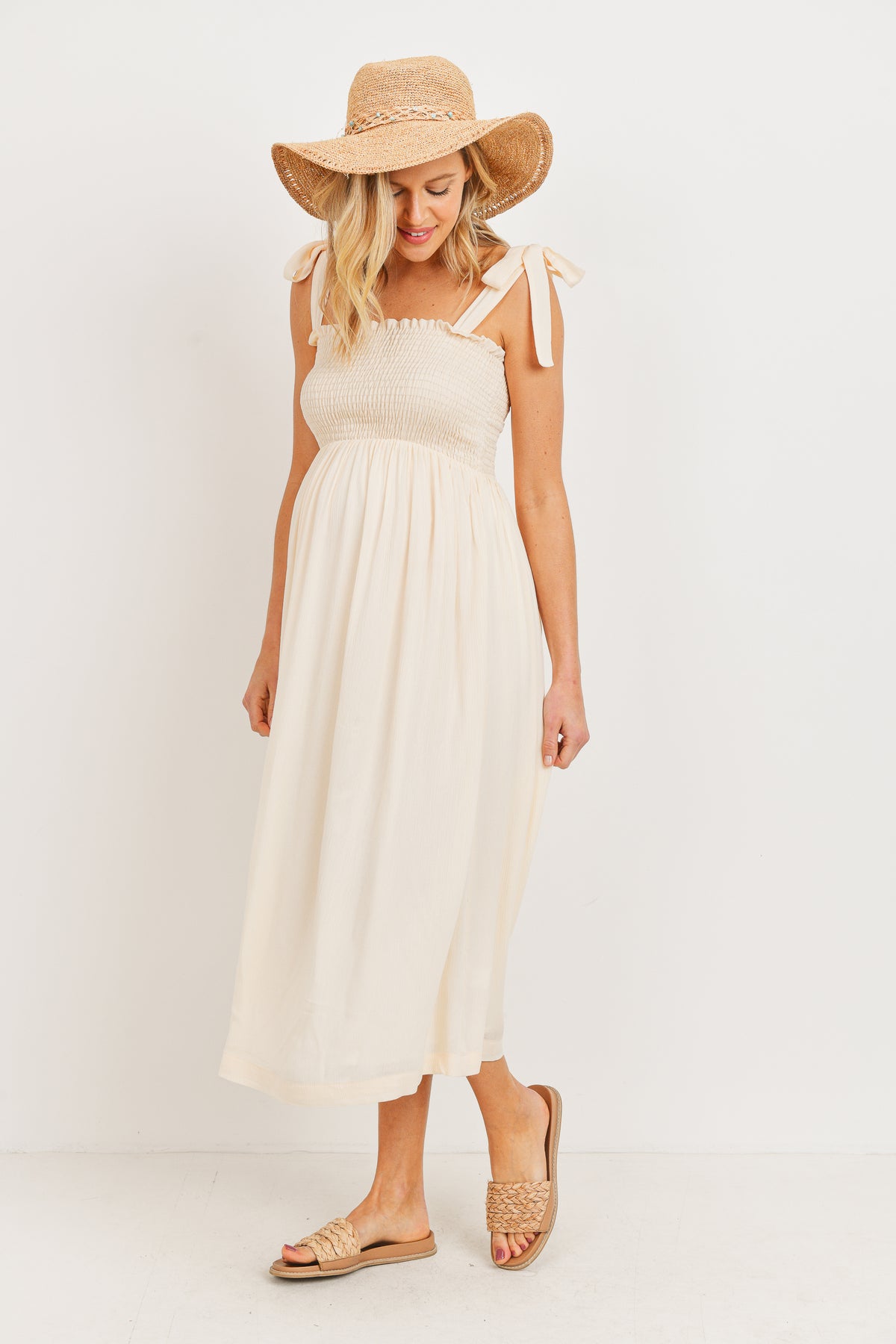 Oatmeal Smocked Tie Strap Maternity Midi Dress