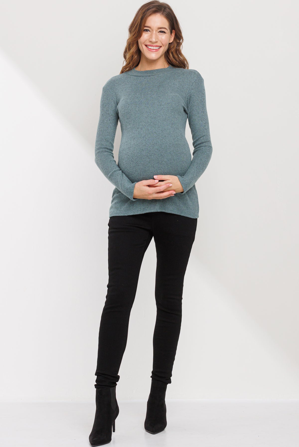 Dusty Green Rib Knit Mock Neck Maternity Top