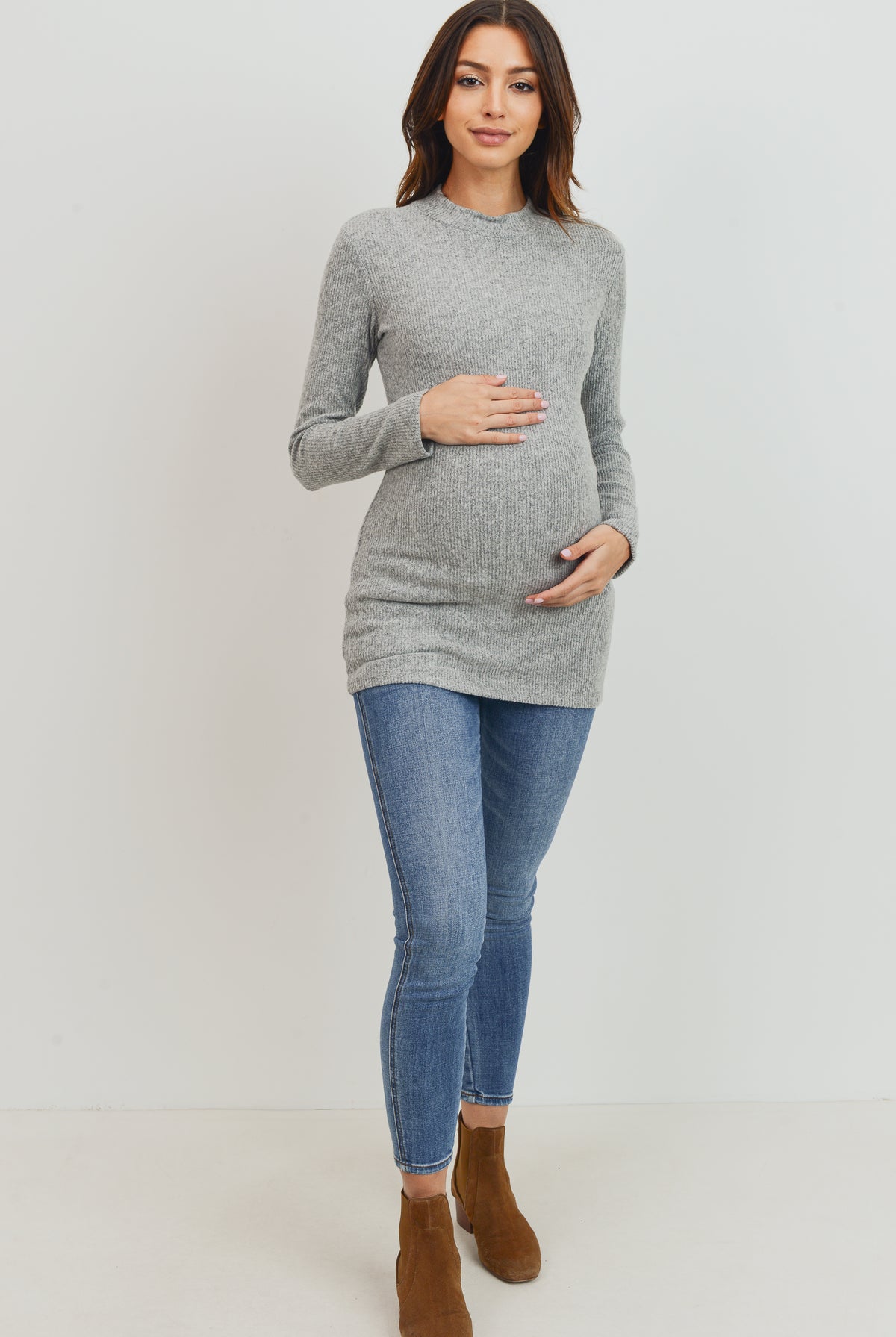 Heather Grey Rib Knit Mock Neck Maternity Top