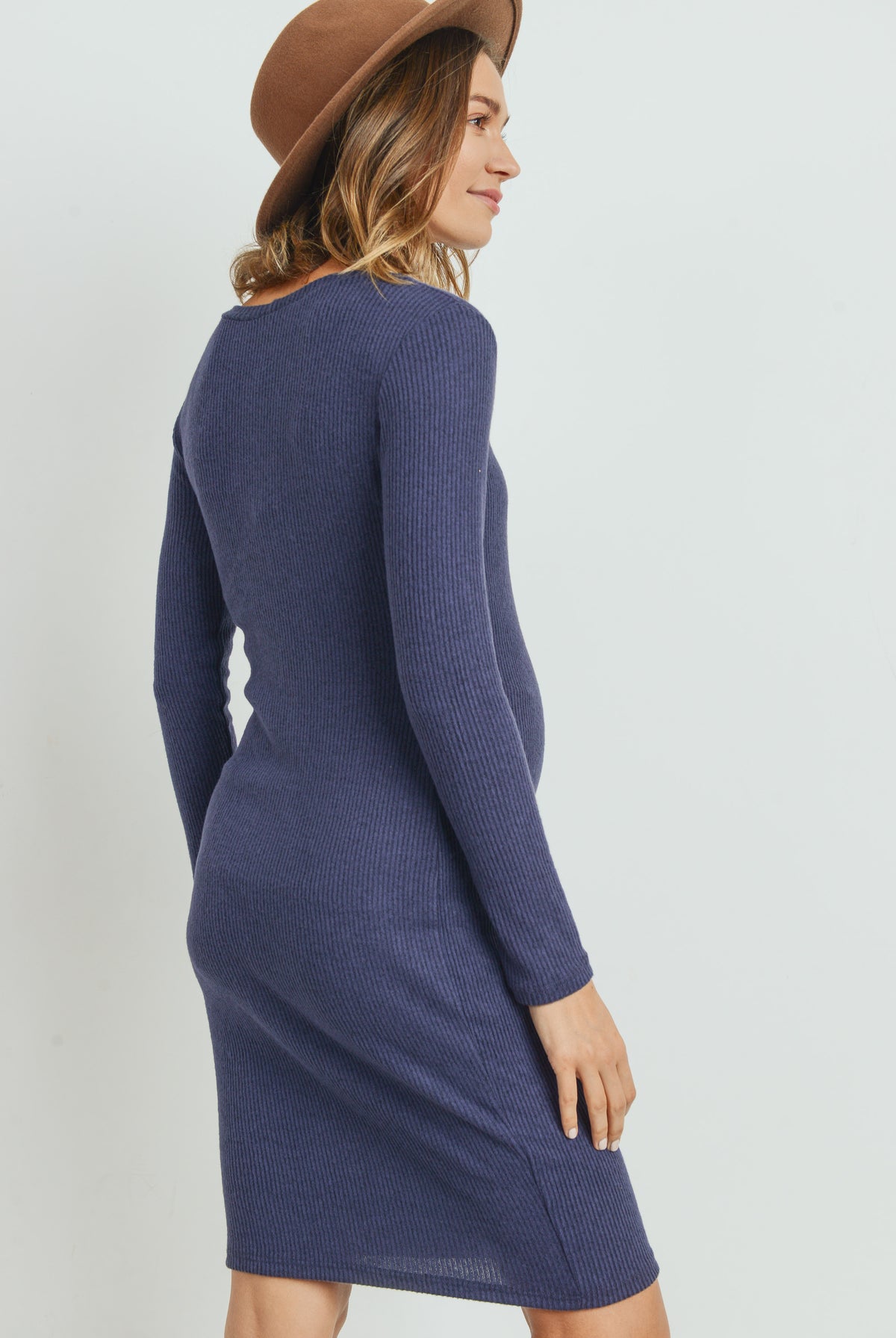 Navy Long Sleeve Rib Knit Maternity Dress