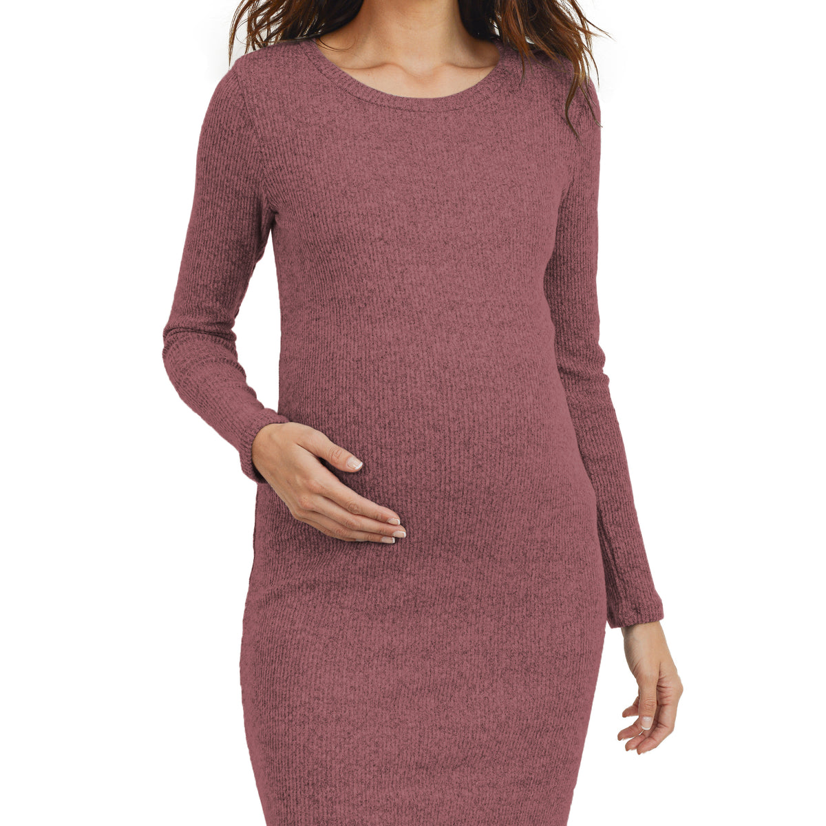 Dusty Rose Long Sleeve Rib Knit Maternity Dress