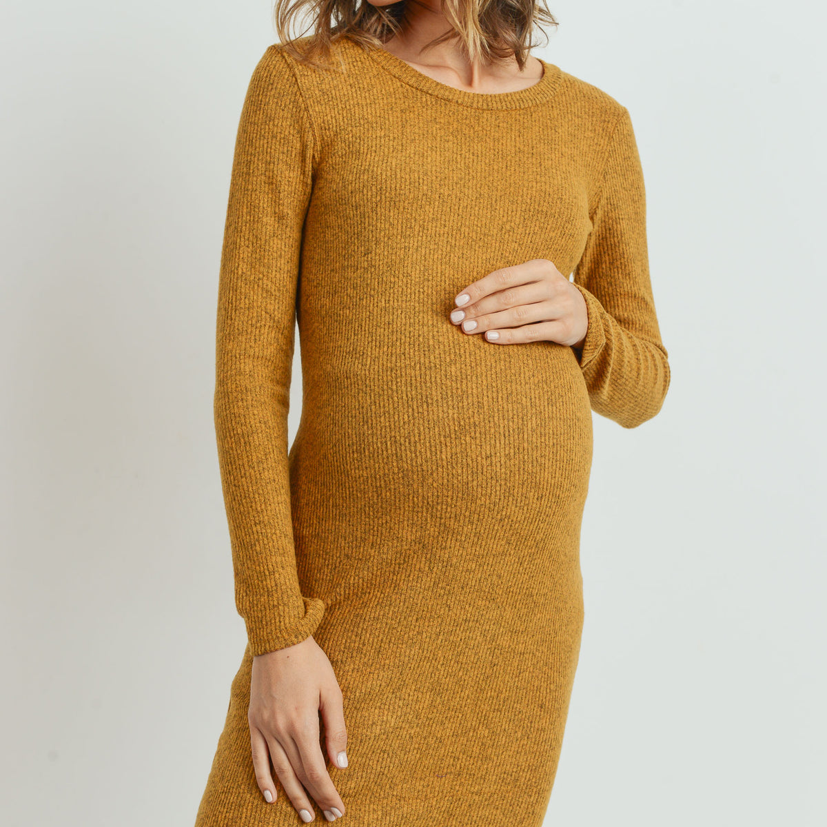 Mustard Long Sleeve Rib Knit Maternity Dress
