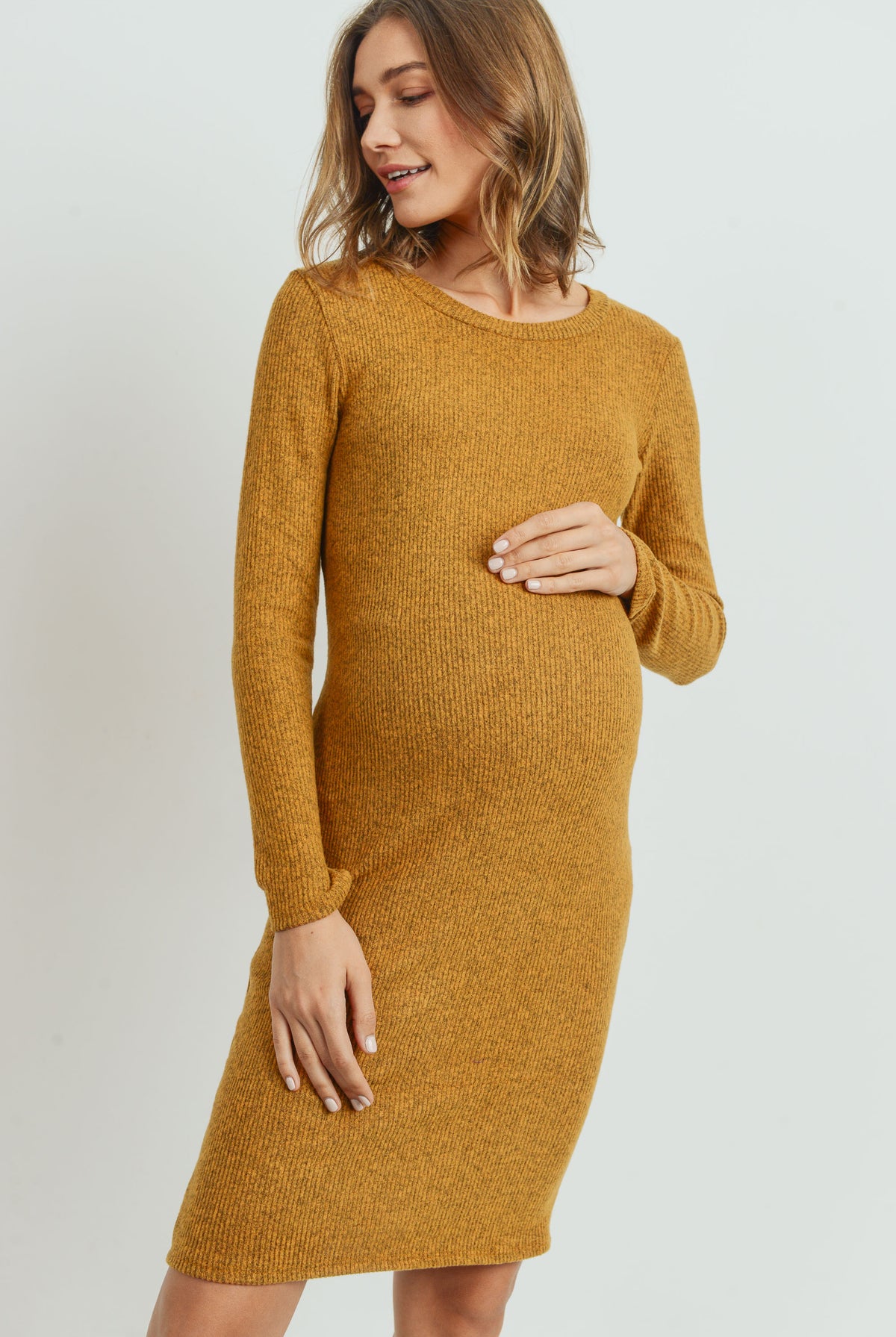 Mustard Long Sleeve Rib Knit Maternity Dress