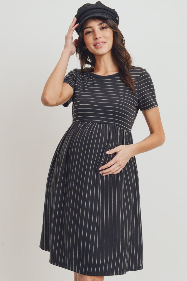 Black Short Sleeve Stripe w/Side Pocket Maternity Dress