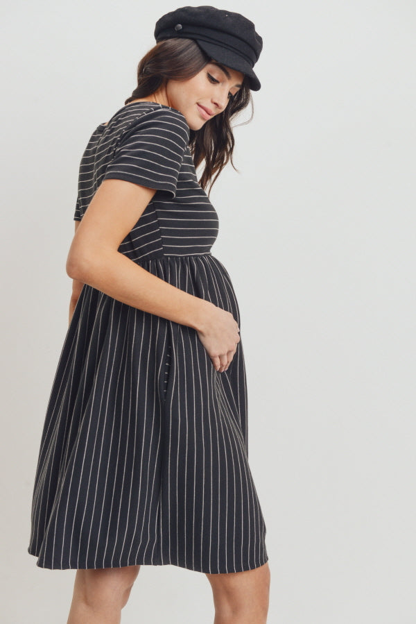 Black Short Sleeve Stripe w/Side Pocket Maternity Dress