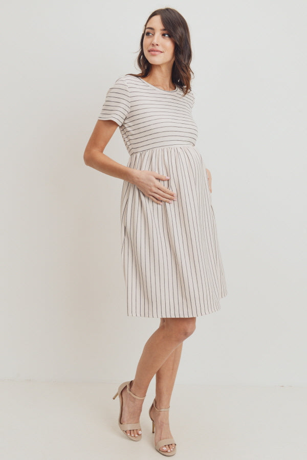 Cream Short Sleeve Stripe w/Side Pocket Maternity Dress