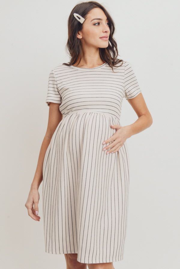Cream Short Sleeve Stripe w/Side Pocket Maternity Dress