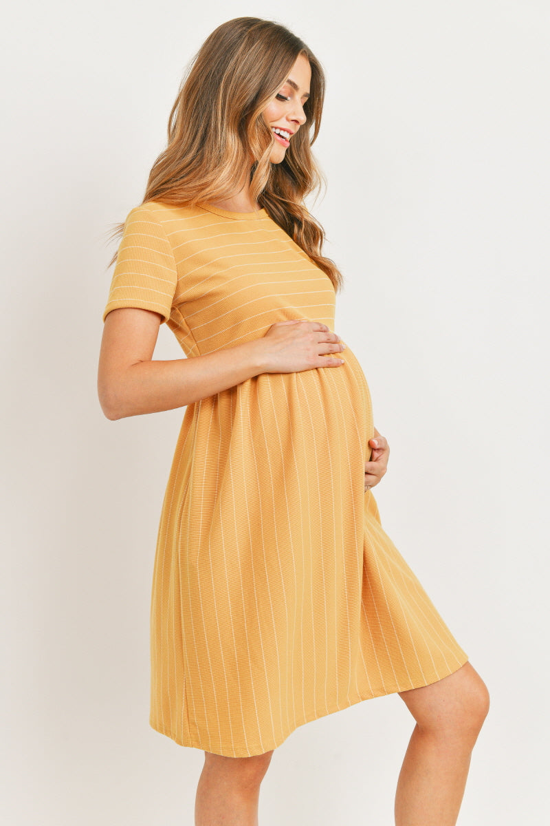Mustard Short Sleeve Stripe w/Side Pocket Maternity Dress