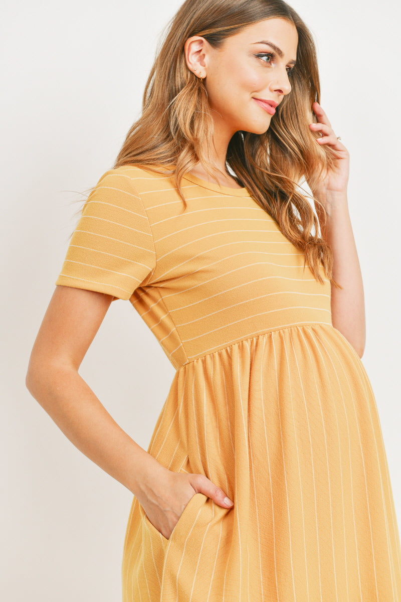Mustard Short Sleeve Stripe w/Side Pocket Maternity Dress