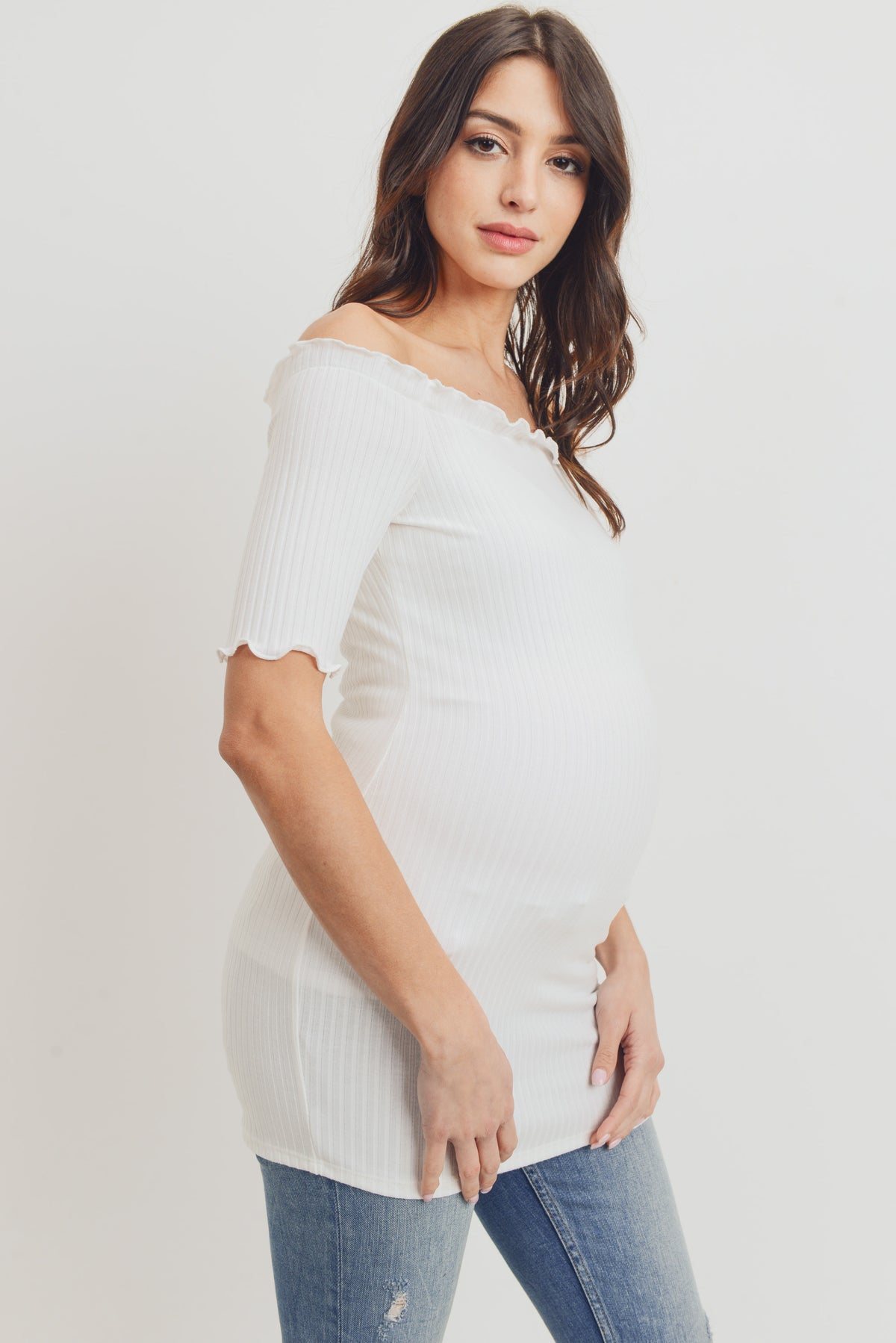 Ivory Off Shoulder Rib Knit Maternity Top