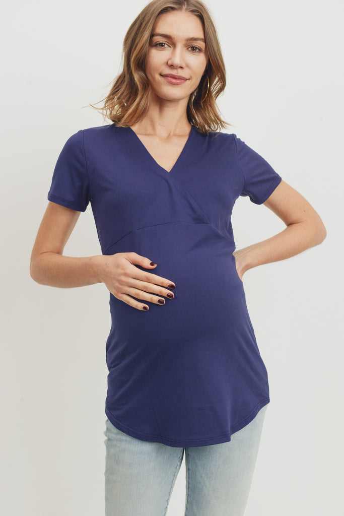 Navy Short Sleeve Surplice front Maternity & Nursing Top