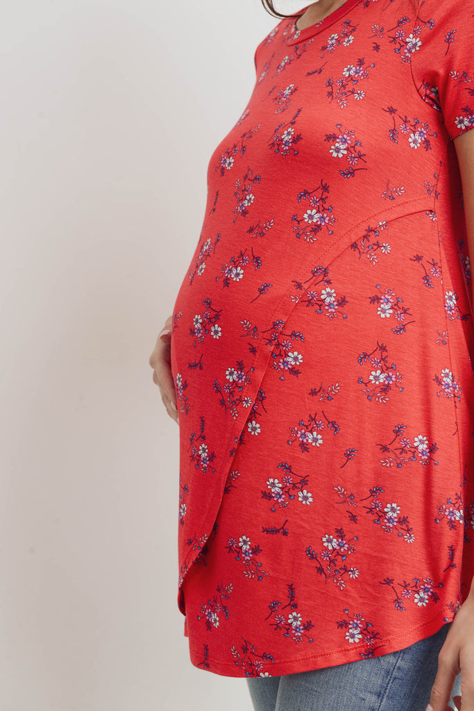 Red Floral Short Sleeve Asymmetrical Wrap Modal Nursing Top