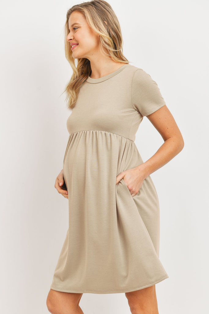 Taupe French Terry Babydoll Maternity T-Shirt Dress