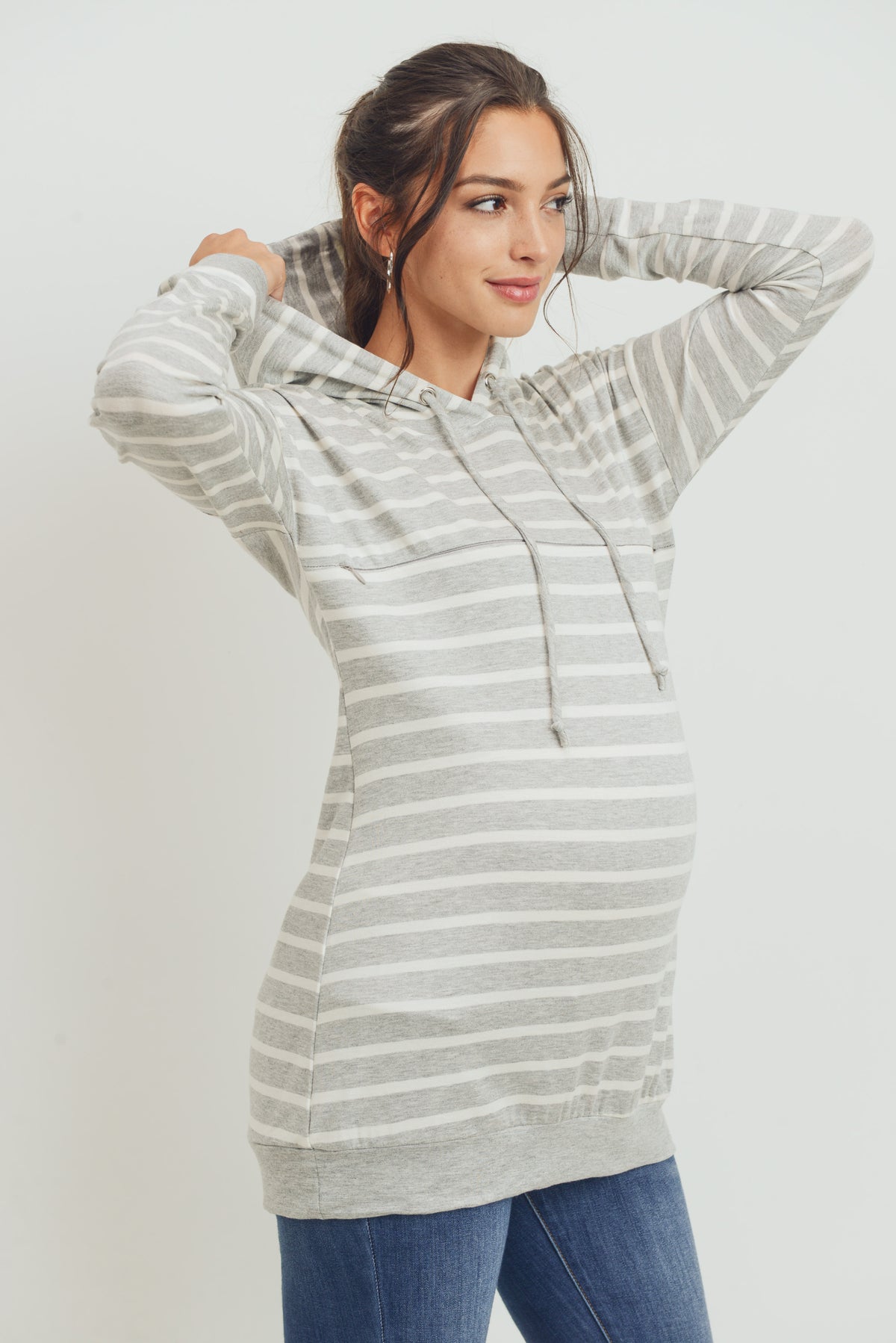 Grey/Ivory Rayon French Terry Stripped Maternity/ Nursing Hoodie