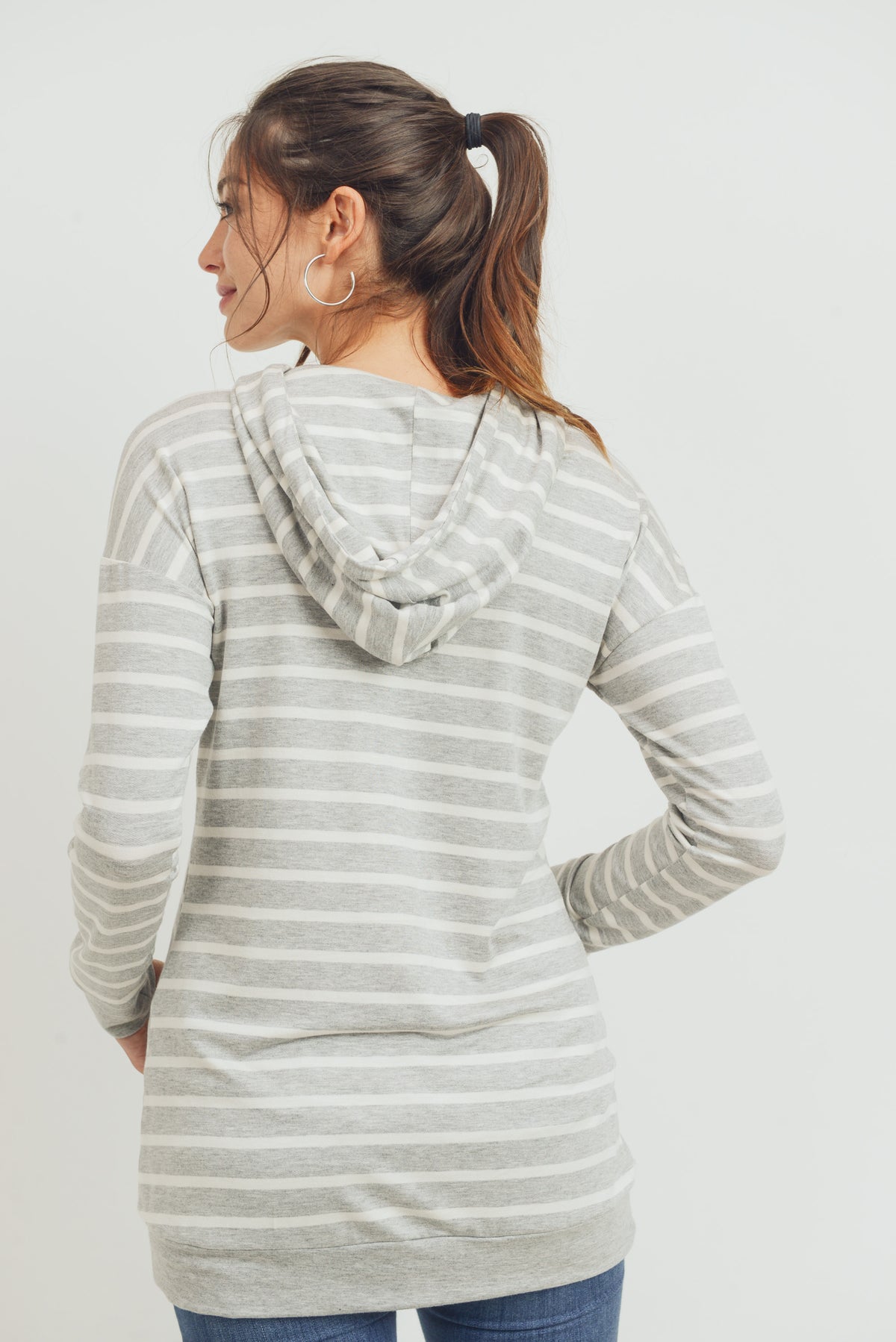 Grey/Ivory Rayon French Terry Stripped Maternity/ Nursing Hoodie