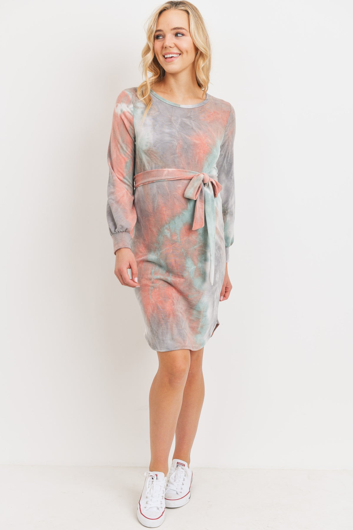 Jade/Coral Tie-Dye French Terry Waist Tie Maternity Dress