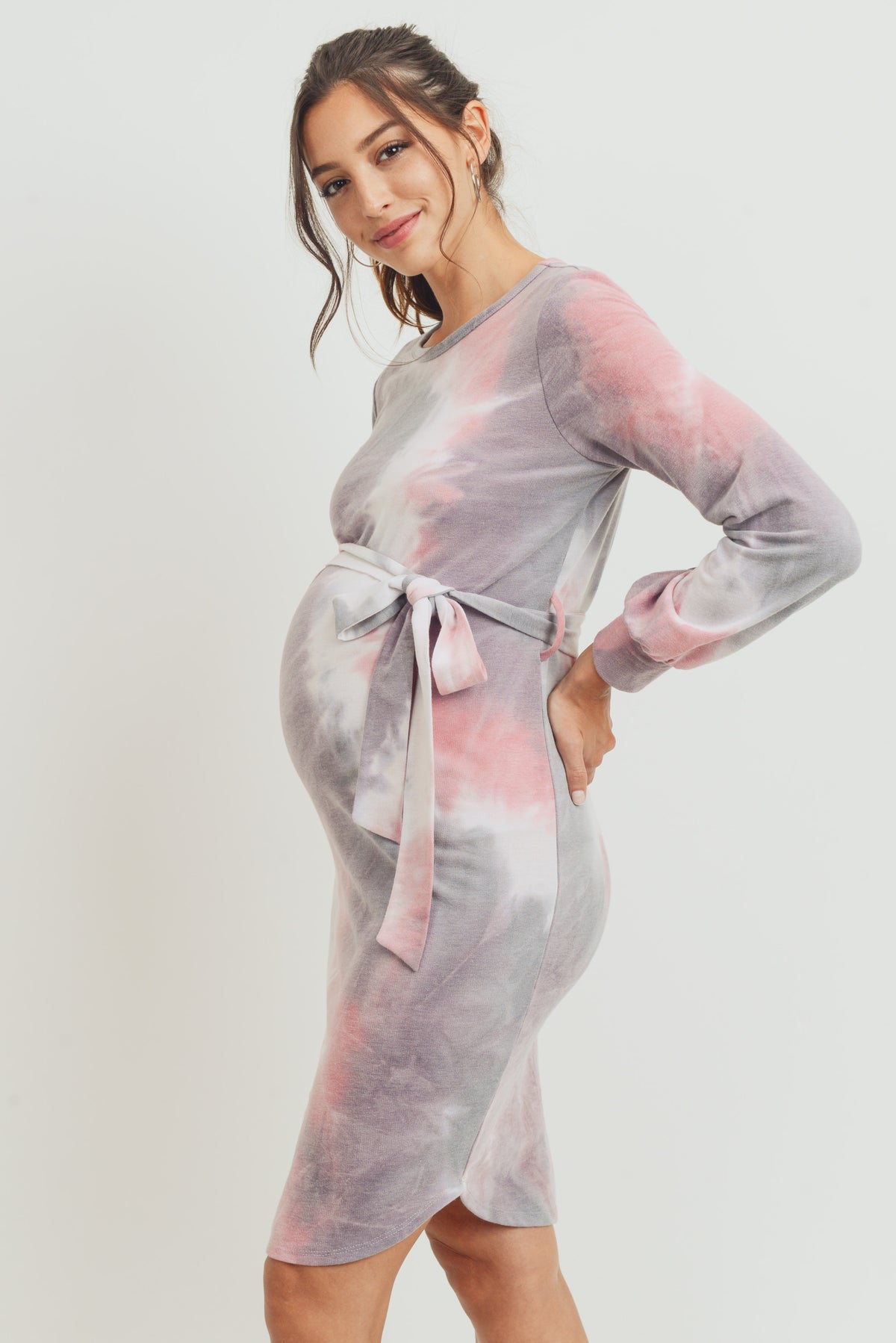 Purple/Pink Tie-Dye French Terry Waist Tie Maternity Dress