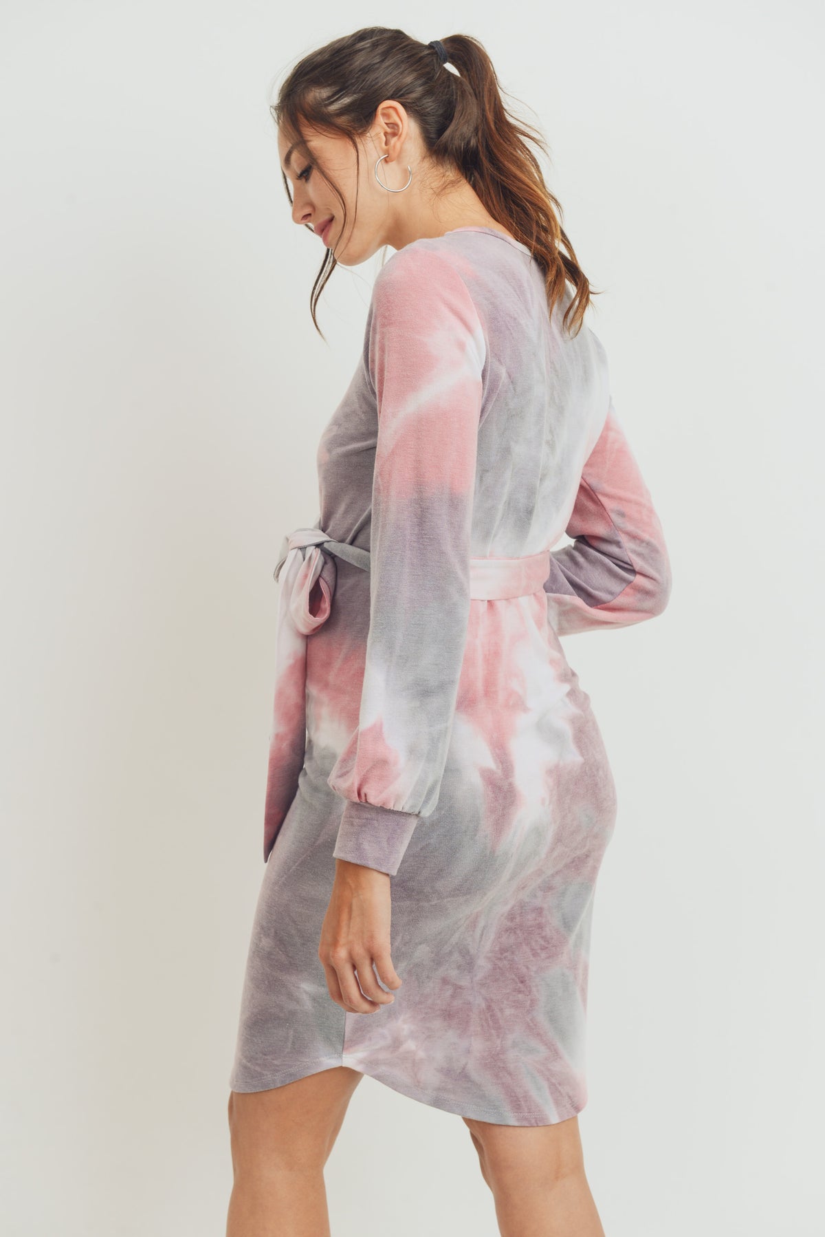 Purple/Pink Tie-Dye French Terry Waist Tie Maternity Dress