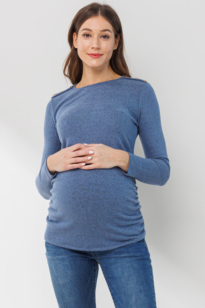 Dusty Blue Brushed Rayon Hacci Maternity Shoulder Button Detail Top