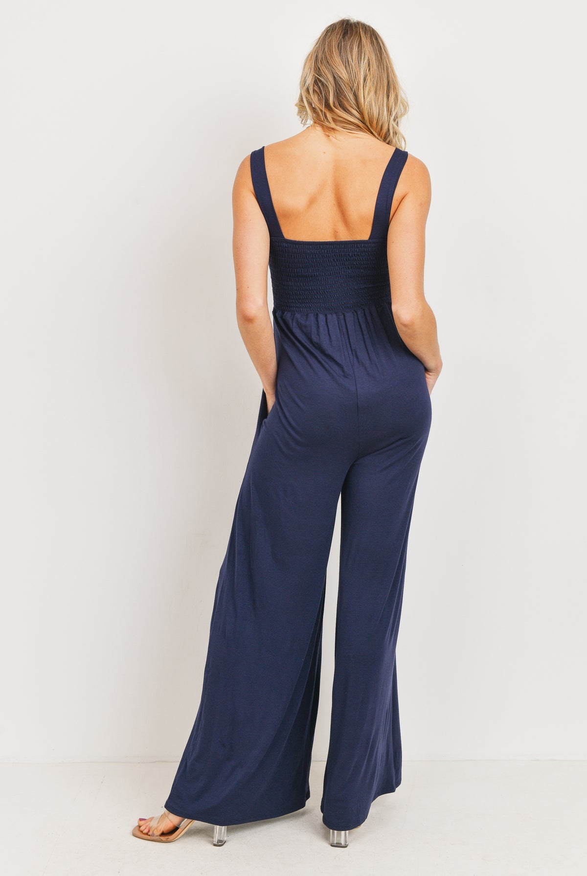 Navy Square Neck Smocked Maternity Flared Jumpsuit
