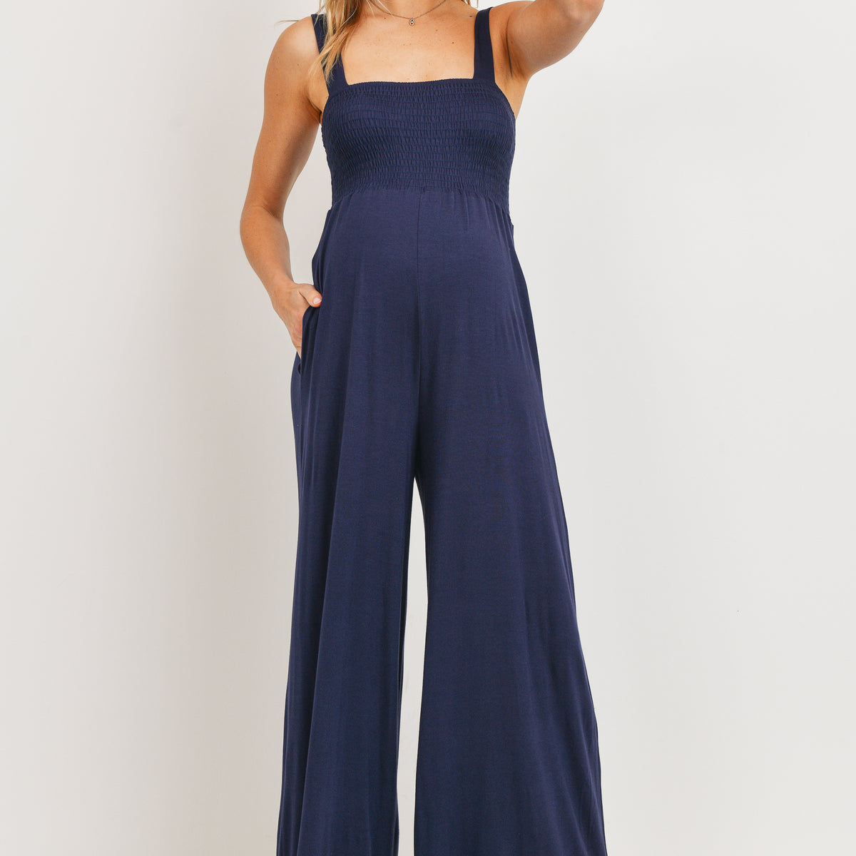 Navy Square Neck Smocked Maternity Flared Jumpsuit