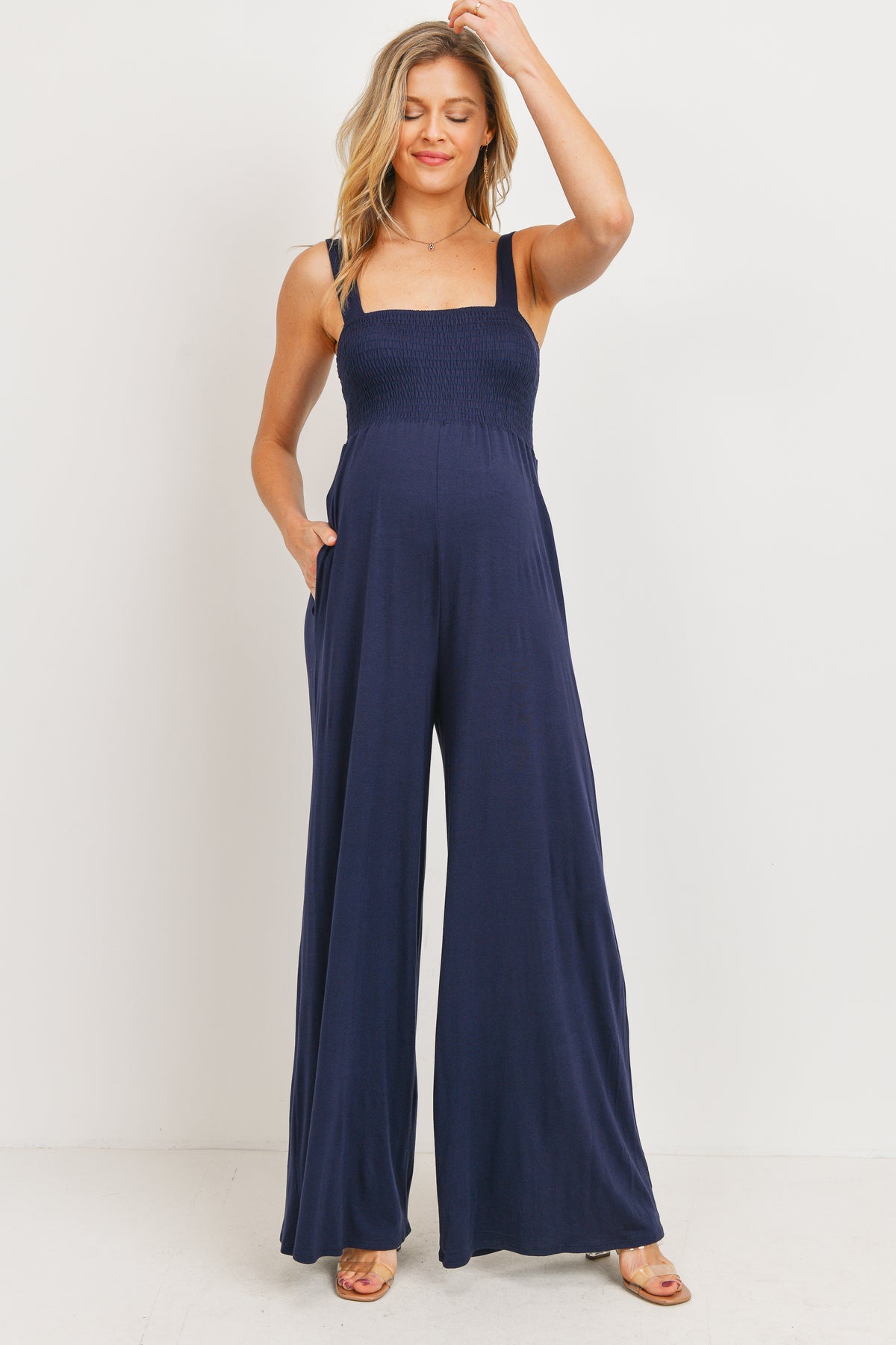 Navy Square Neck Smocked Maternity Flared Jumpsuit