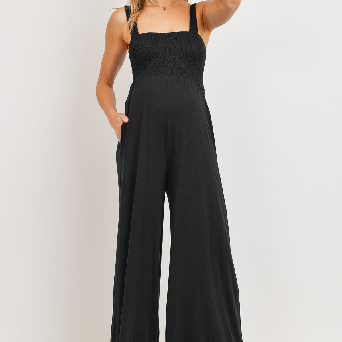 Black Square Neck Smocked Maternity Flared Jumpsuit