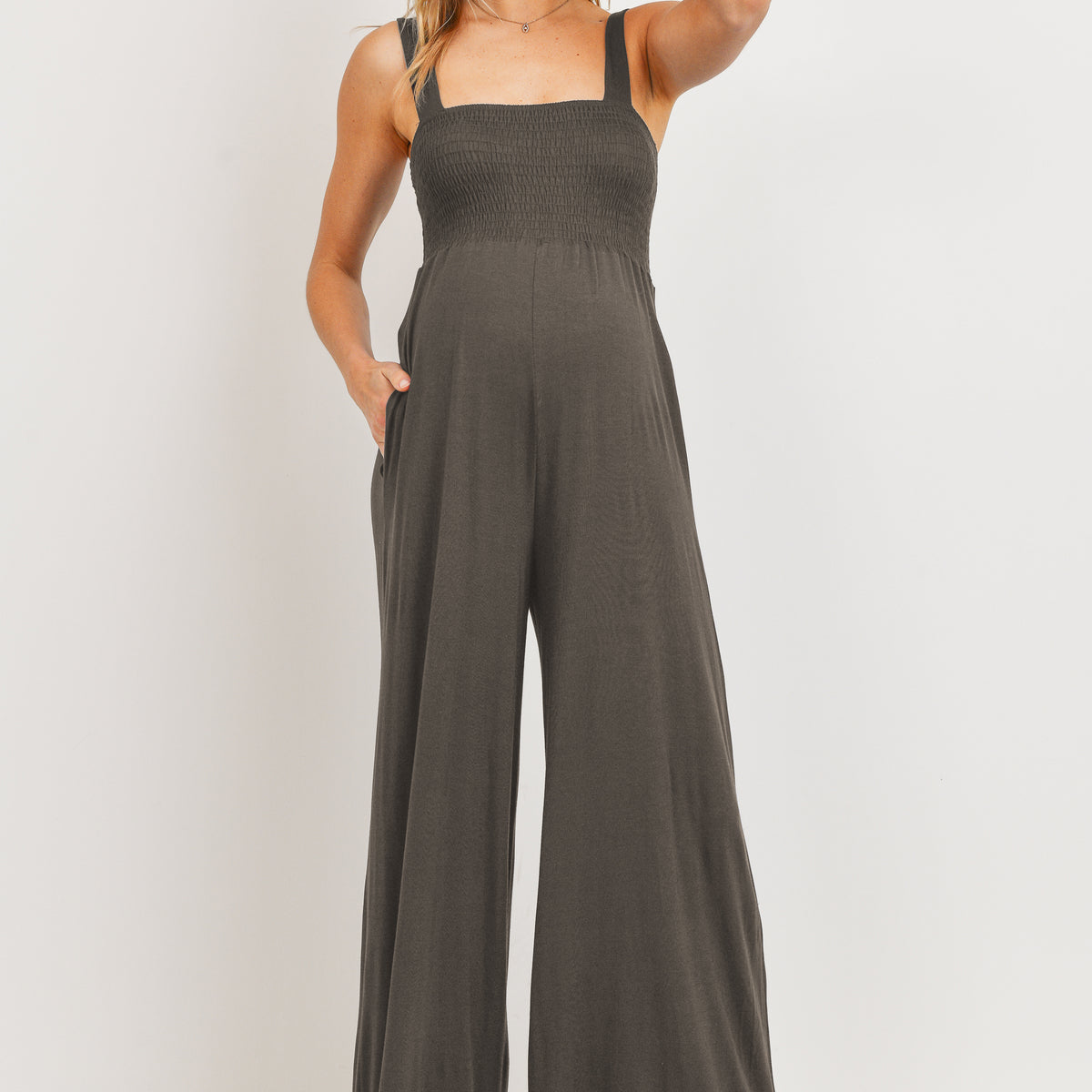 Cocoa Square Neck Smocked Maternity Flared Jumpsuit
