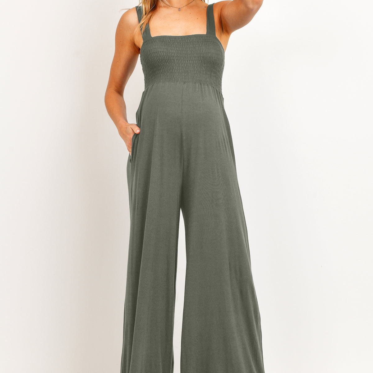 Olive Square Neck Smocked Maternity Flared Jumpsuit
