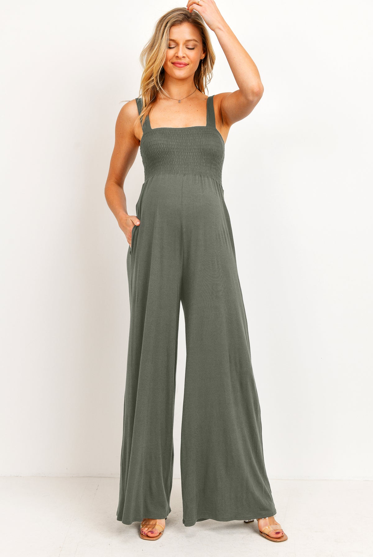 Olive Square Neck Smocked Maternity Flared Jumpsuit