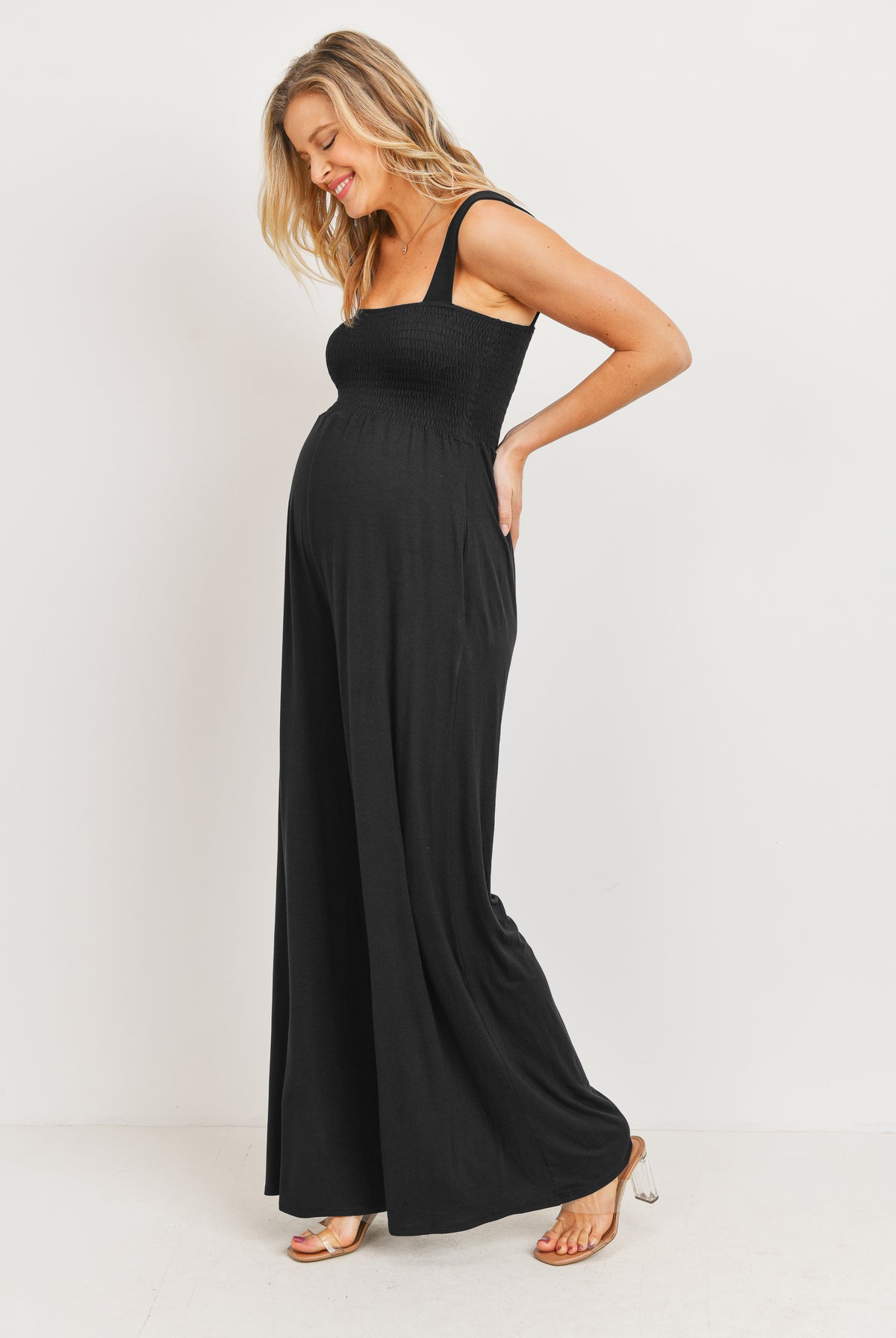 Black Square Neck Smocked Maternity Flared Jumpsuit
