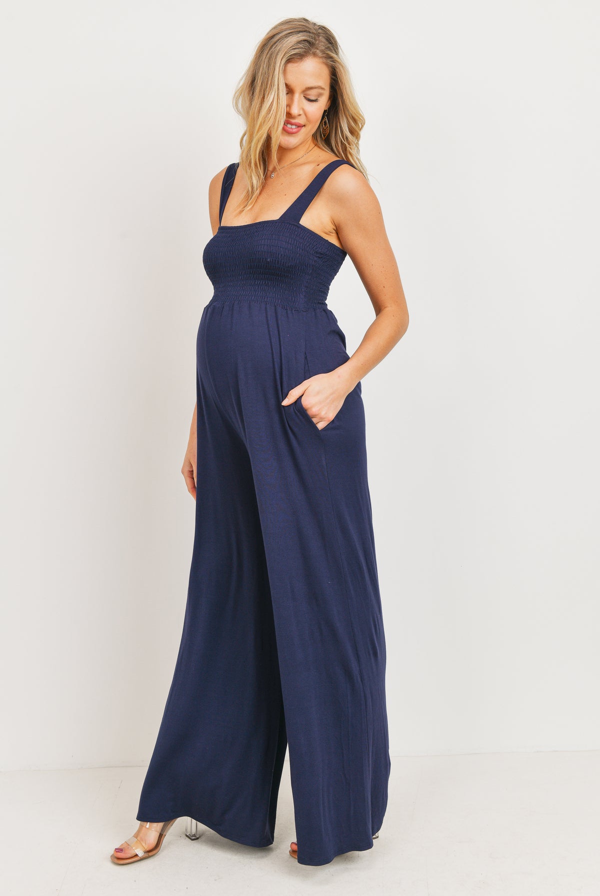 Navy Square Neck Smocked Maternity Flared Jumpsuit