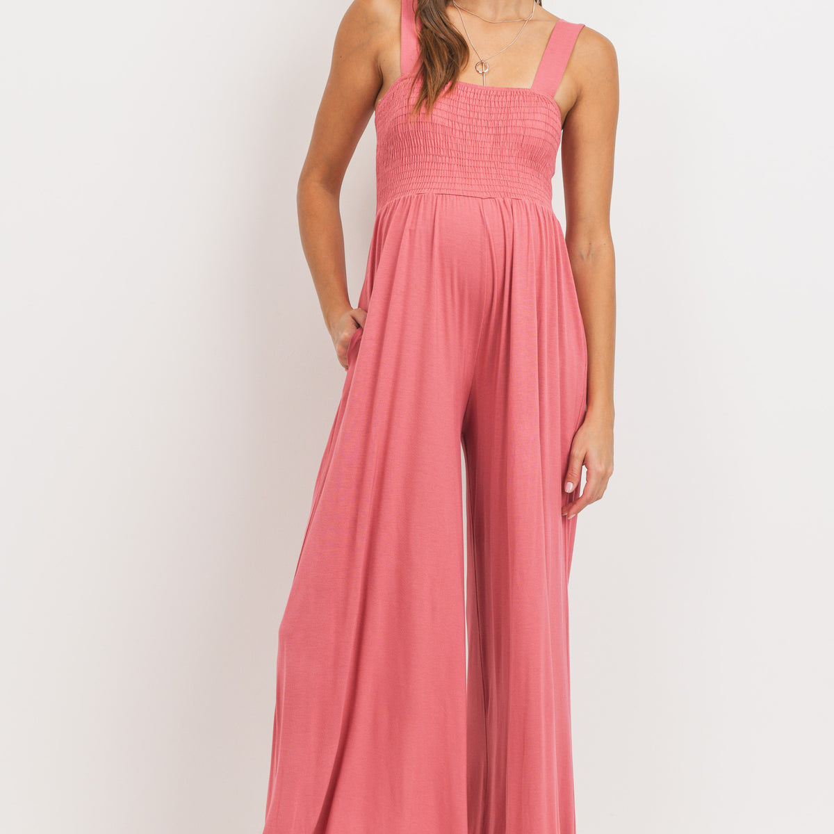 Coral Square Neck Smocked Maternity Flared Jumpsuit