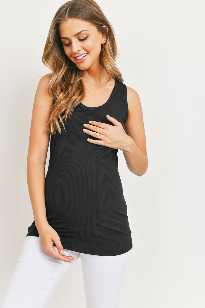 Black Solid Ribbed Maternity Tank Top