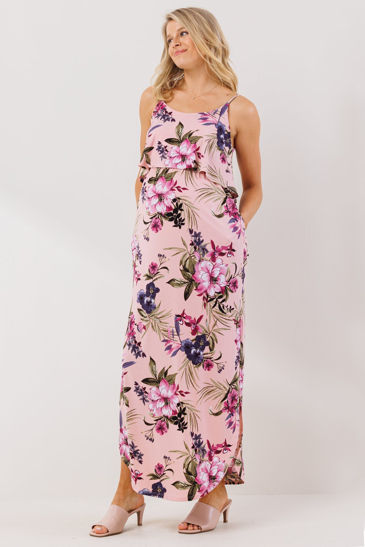 Pink Floral Overlay Top Maternity Nursing Dress