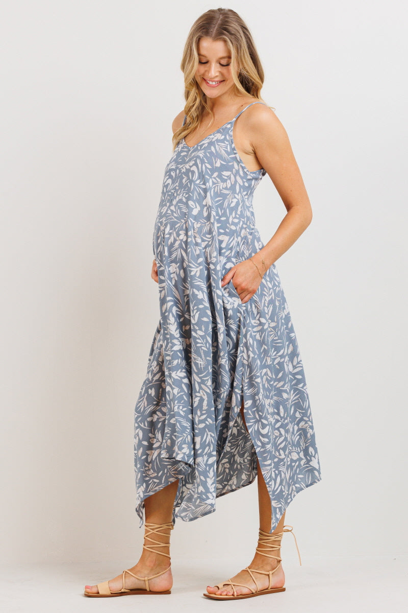 Chambray Floral Printed Uneven Hem Maternity Dress