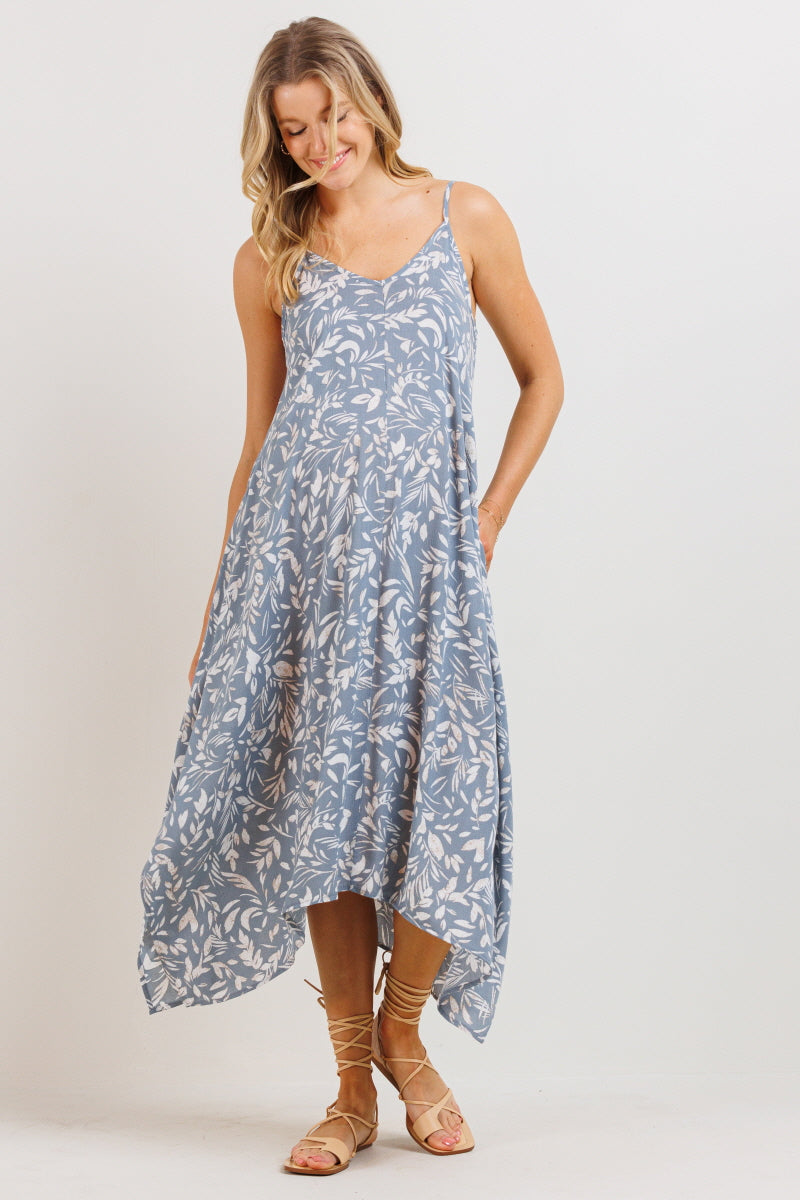 Chambray Floral Printed Uneven Hem Maternity Dress