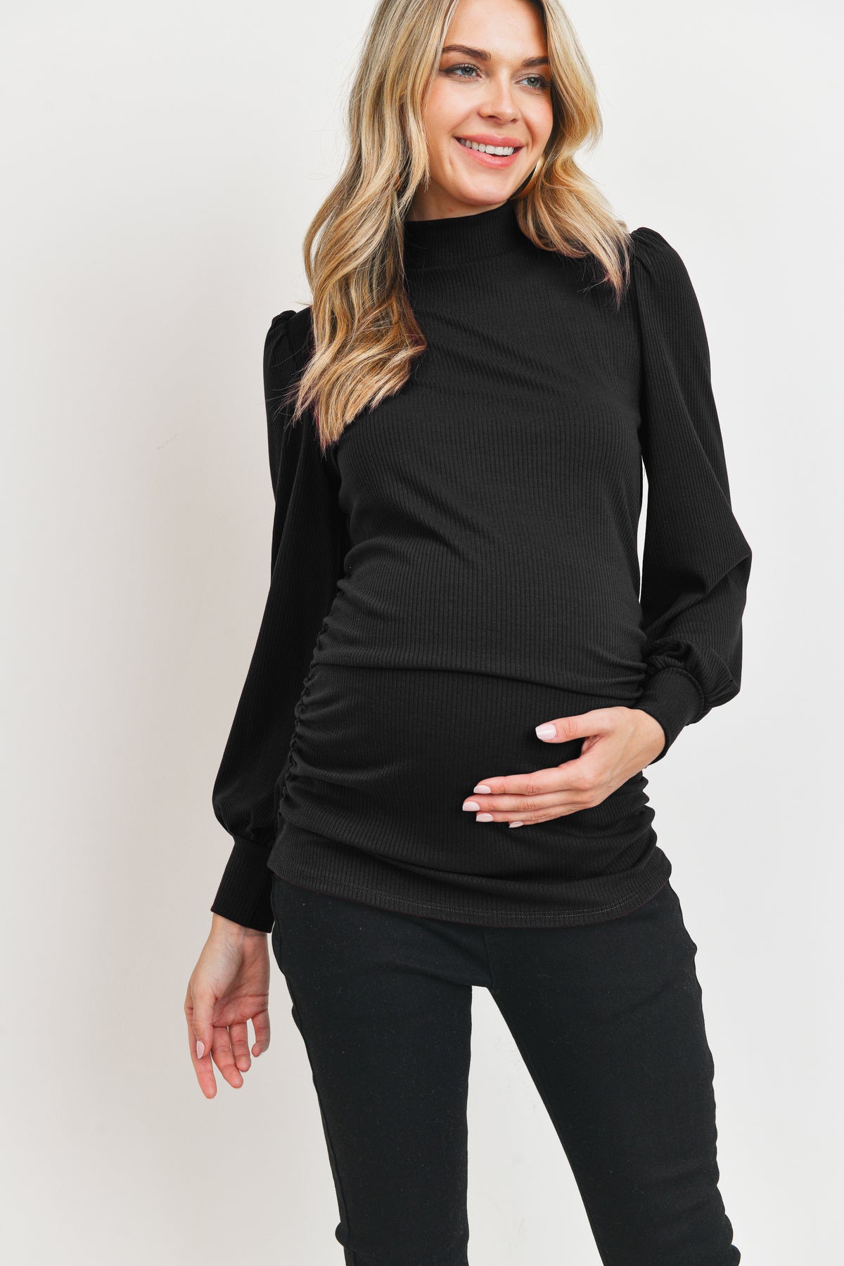 Black Puff Shoulder Ribbed Maternity Mock Neck Top