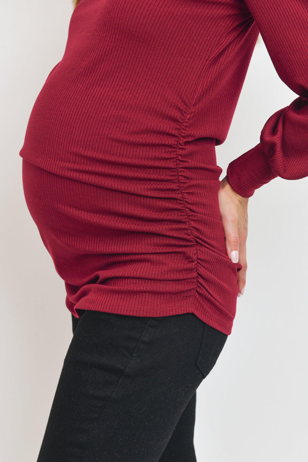 Burgundy Puff Shoulder Ribbed Maternity Mock Neck Top
