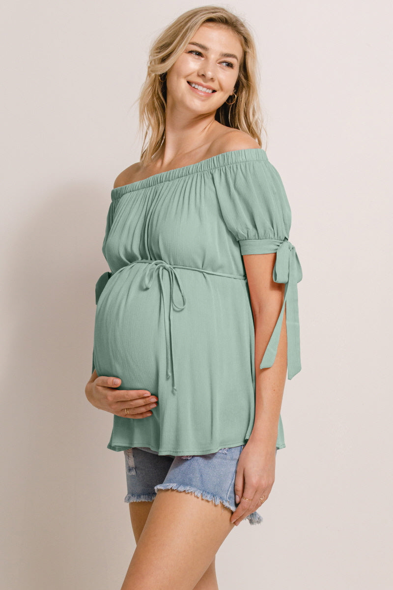 Sage Textured Rayon Off Shoulder Maternity Blouse