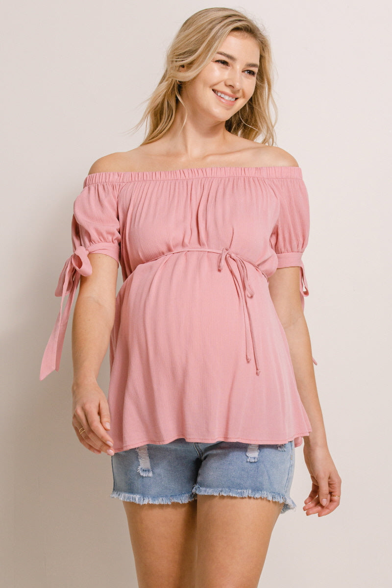 Mauve Textured Rayon Off Shoulder Maternity Blouse
